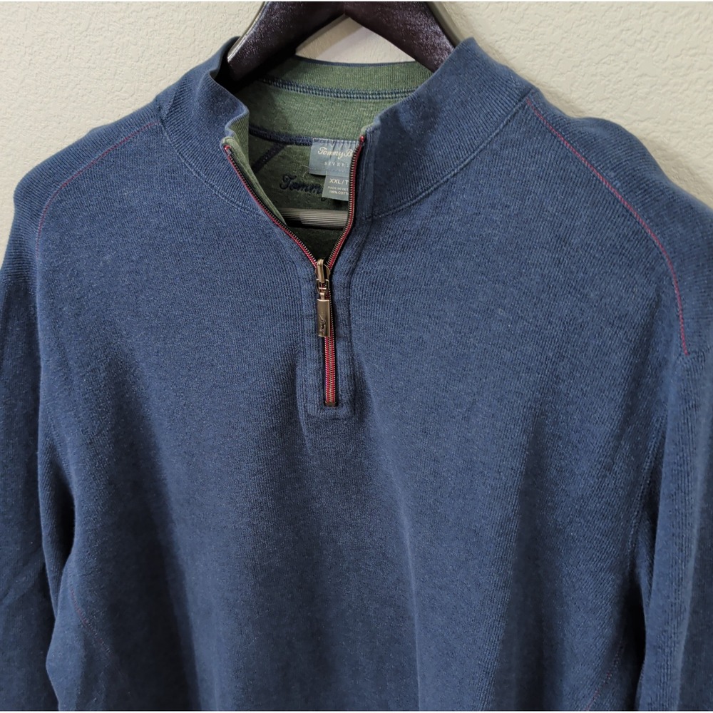 Tommy Bahama Reversible Quarter Zip Pullover Sweater Blue Green Cotton Mens XXL